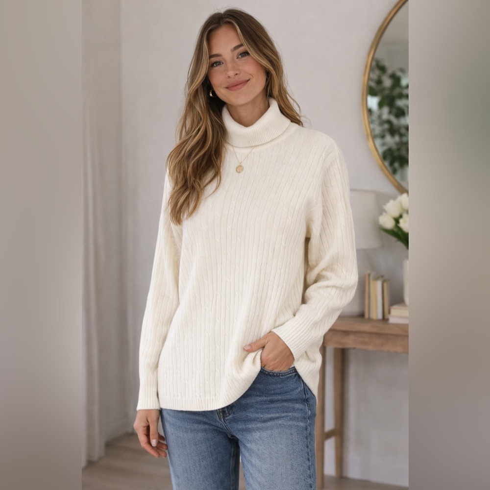 Laura Scott Cable Knit Turtleneck Sweater XL Ivory Cream Cozy Classic